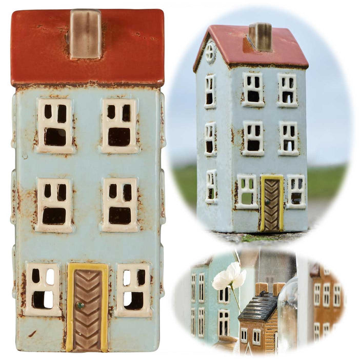 KI-generiertes Bild Teelichthaus Lichterhaus Nyhavn 20cm Türkis Keramik Fachwerkhaus Teelichthalter