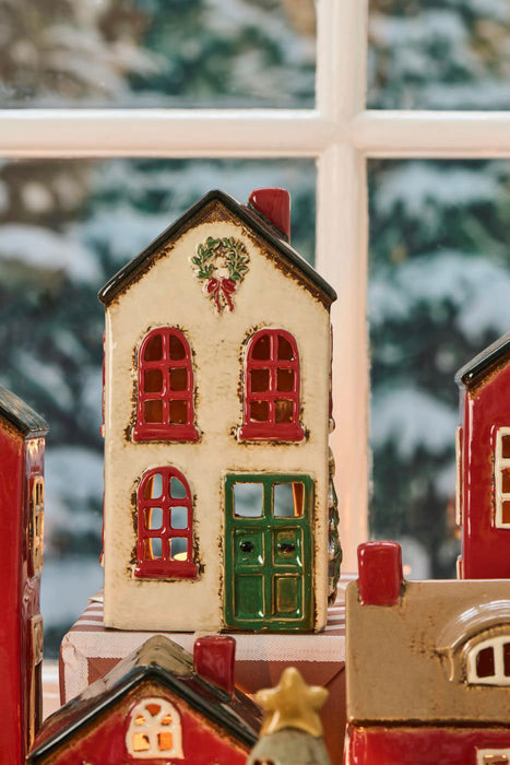 KI-generiertes Bild,Teelichthaus Lichterhaus Nyhavn 19cm Beige Rot Keramik Fachwerkhaus Teelichthalter