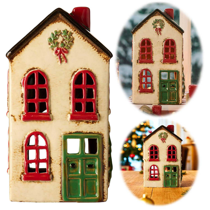 KI-generiertes Bild Teelichthaus Lichterhaus Nyhavn 19cm Beige Rot Keramik Fachwerkhaus Teelichthalter