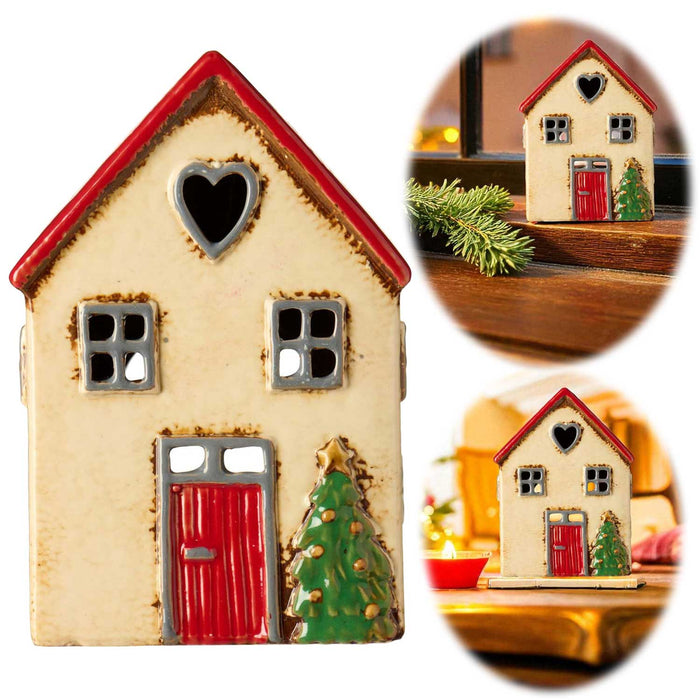KI-generiertes Bild Teelichthaus Lichterhaus Nyhavn 14cm Beige Rot Keramik Fachwerkhaus Teelichthalter