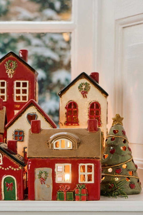 KI-generiertes Bild,Teelichthaus Lichterhaus Nyhavn 14cm Rot Braun Keramik Fachwerkhaus Teelichthalter