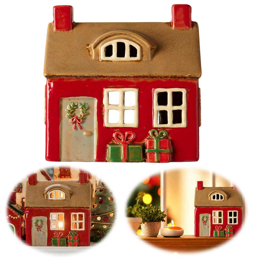 KI-generiertes Bild Teelichthaus Lichterhaus Nyhavn 14cm Rot Braun Keramik Fachwerkhaus Teelichthalter