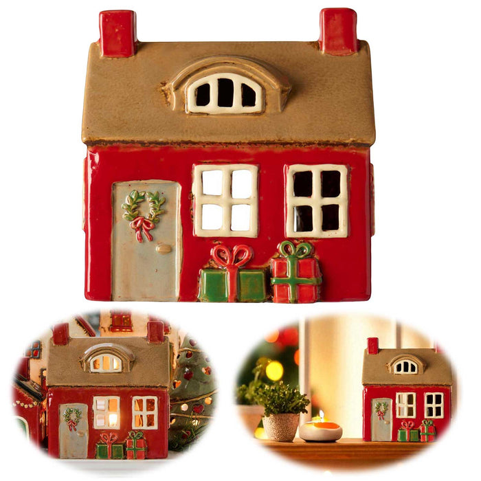 KI-generiertes Bild Teelichthaus Lichterhaus Nyhavn 14cm Rot Braun Keramik Fachwerkhaus Teelichthalter