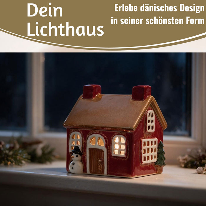 KI-generiertes Bild,Teelichthaus Lichterhaus Nyhavn 10cm Rot Braun Keramik Fachwerkhaus Teelichthalter