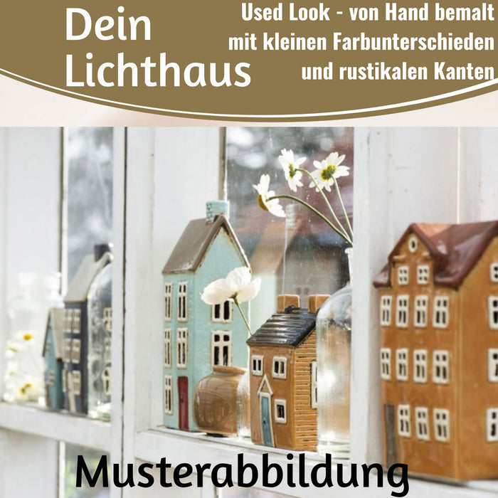 KI-generiertes Bild,Teelichthaus Lichterhaus Nyhavn 10cm Rot Braun Keramik Fachwerkhaus Teelichthalter