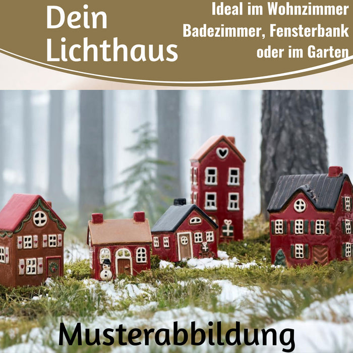 KI-generiertes Bild,Teelichthaus Lichterhaus Nyhavn 10cm Rot Braun Keramik Fachwerkhaus Teelichthalter