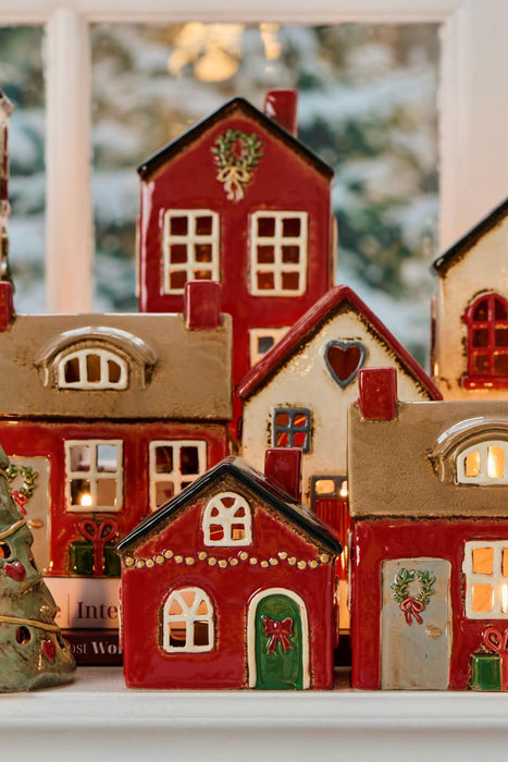 KI-generiertes Bild,Teelichthaus Lichterhaus Nyhavn 10cm Rot Schwarz Keramik Fachwerkhaus Teelichthalter