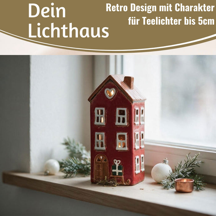 KI-generiertes Bild,Teelichthaus Lichterhaus Nyhavn 20cm Rot Schwarz Keramik Fachwerkhaus Teelichthalter