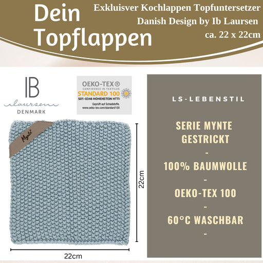 KI-generiertes Bild,Vintage Topflappen 22cm Mynte Blau Blue Gestrickt 100% Baumwolle OEKO-TEX 100