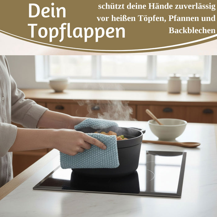 KI-generiertes Bild,Vintage Topflappen 22cm Mynte Blau Blue Gestrickt 100% Baumwolle OEKO-TEX 100