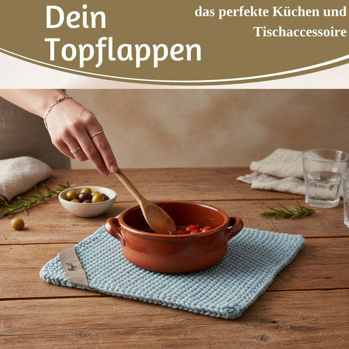 KI-generiertes Bild,Vintage Topflappen 22cm Mynte Blau Blue Gestrickt 100% Baumwolle OEKO-TEX 100