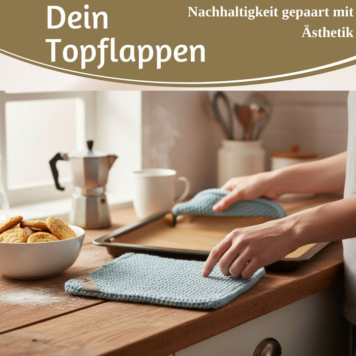 KI-generiertes Bild,Vintage Topflappen 22cm Mynte Blau Blue Gestrickt 100% Baumwolle OEKO-TEX 100