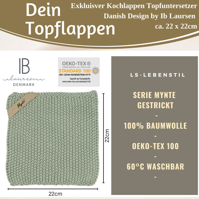 KI-generiertes Bild,Vintage Topflappen 22cm Mynte Staubig Grün Gestrickt 100% Baumwolle OEKO-TEX 100