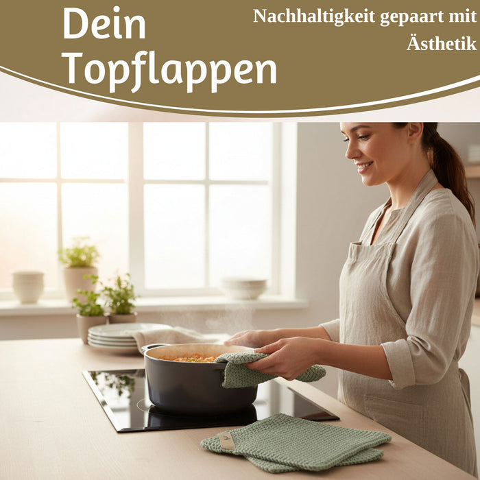 KI-generiertes Bild,Vintage Topflappen 22cm Mynte Staubig Grün Gestrickt 100% Baumwolle OEKO-TEX 100