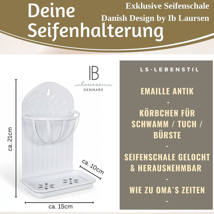 KI-generiertes Bild,IB Laursen Seifenschale Emaille Weiß 21cm mit Ablauf Wandmontage Seifenhalter