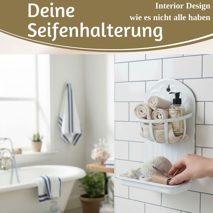 KI-generiertes Bild,IB Laursen Seifenschale Emaille Weiß 21cm mit Ablauf Wandmontage Seifenhalter