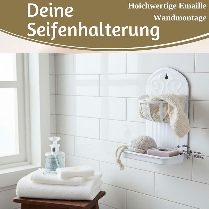 KI-generiertes Bild,IB Laursen Seifenschale Emaille Weiß 21cm mit Ablauf Wandmontage Seifenhalter