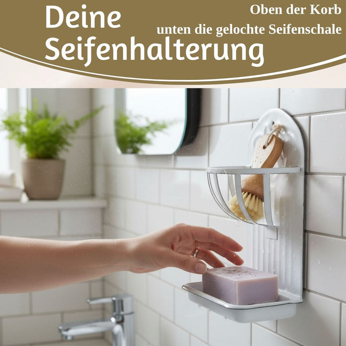 KI-generiertes Bild,IB Laursen Seifenschale Emaille Weiß 21cm mit Ablauf Wandmontage Seifenhalter