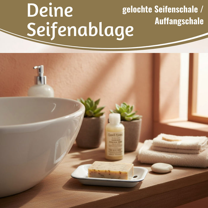 KI-generiertes Bild,IB Laursen Emaille Seifenschale 2-tlg Weiß 15cm mit Ablauf Altum Seifenablage