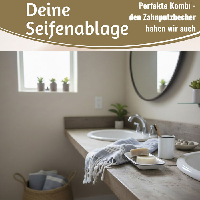 KI-generiertes Bild,IB Laursen Emaille Seifenschale 2-tlg Weiß 15cm mit Ablauf Altum Seifenablage