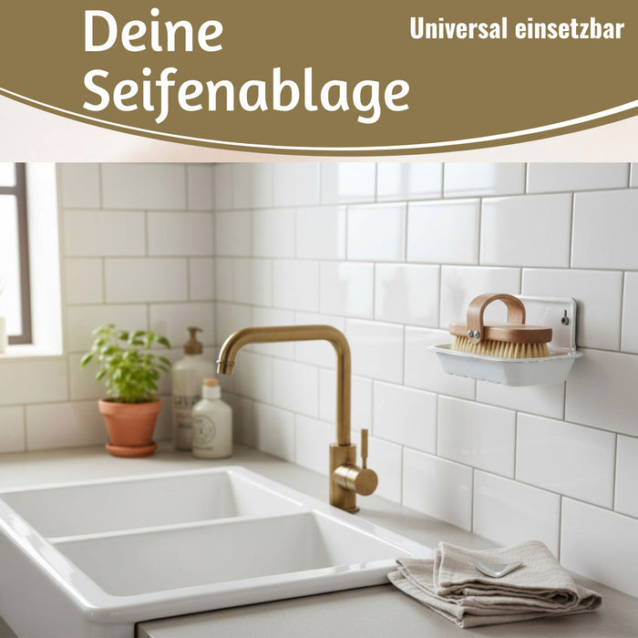 KI-generiertes Bild,IB Laursen Seifenschale Emaille Weiß 16cm mit Ablauf Wandmontage Seifenhalter