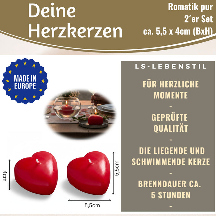 KI-generiertes Bild,XL Herzkerze Ribe 2´er Set Rot 5,5x4cm Made in EU Teelicht Kerze herzförmig