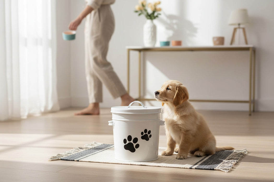 KI-generiertes Bild,Vintage Futtereimer Weiß 24cm Futtertonne Hundefutter Aufbewahrung mit Deckel