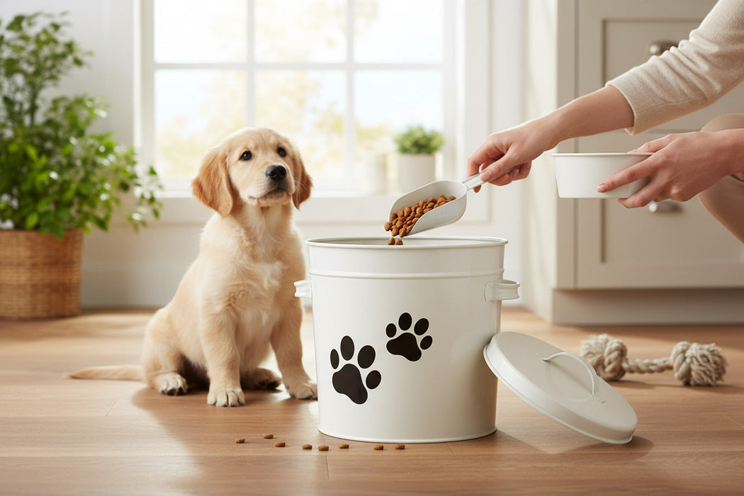 KI-generiertes Bild,Vintage Futtereimer Weiß 24cm Futtertonne Hundefutter Aufbewahrung mit Deckel