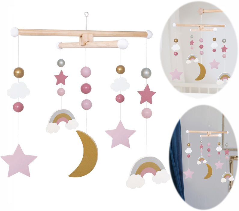 KI-generiertes Bild JaBaDaBaDo 3D Holz Mobile Sterne Wolken Regenbogen T269 Baby Kinderzimmer