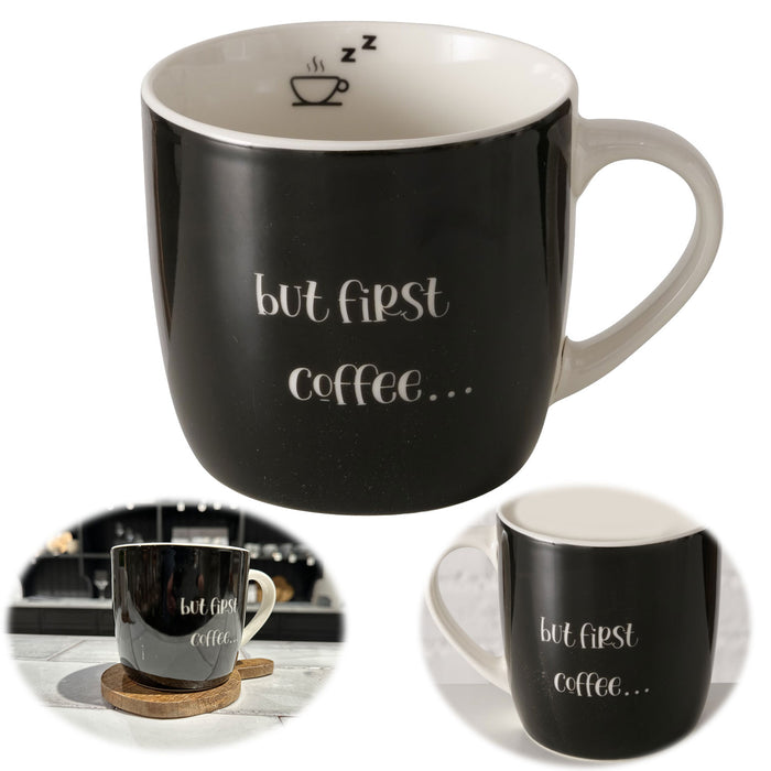 KI-generiertes Bild XL Jumbo Kaffeebecher 420ml but first Coffee Schwarz Henkelbecher Kaffeetasse