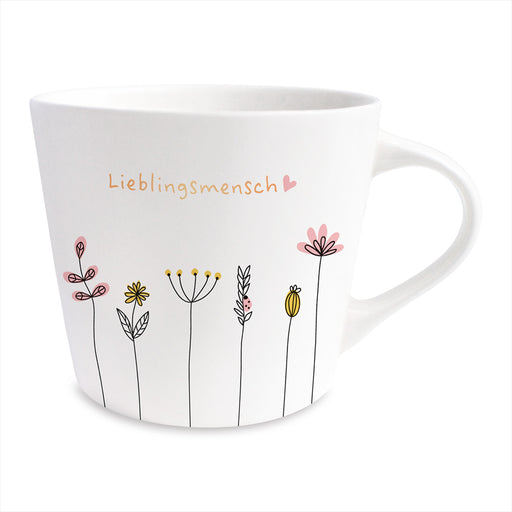 KI-generiertes Bild,Kaffeebecher 420ml Echt-Gold Spruch "Lieblingsmensch" Weiß Blumen Kaffeetasse
