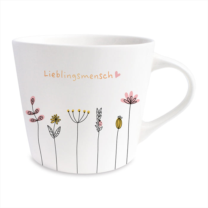 KI-generiertes Bild,Kaffeebecher 420ml Echt-Gold Spruch "Lieblingsmensch" Weiß Blumen Kaffeetasse