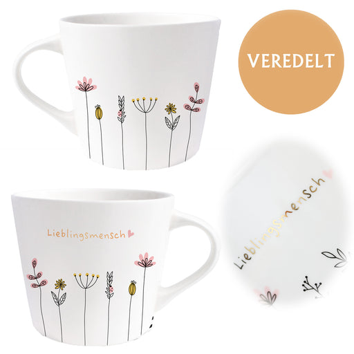 KI-generiertes Bild Kaffeebecher 420ml Echt-Gold Spruch "Lieblingsmensch" Weiß Blumen Kaffeetasse