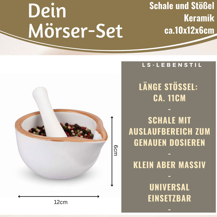 KI-generiertes Bild,Keramik Mörser Stößel Set Braun Weiß Ø 12cm kleiner Gewürzmörser Zerkleinerer