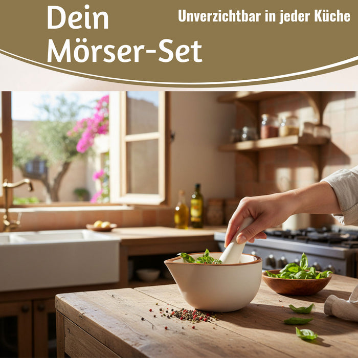 KI-generiertes Bild,Keramik Mörser Stößel Set Braun Weiß Ø 12cm kleiner Gewürzmörser Zerkleinerer