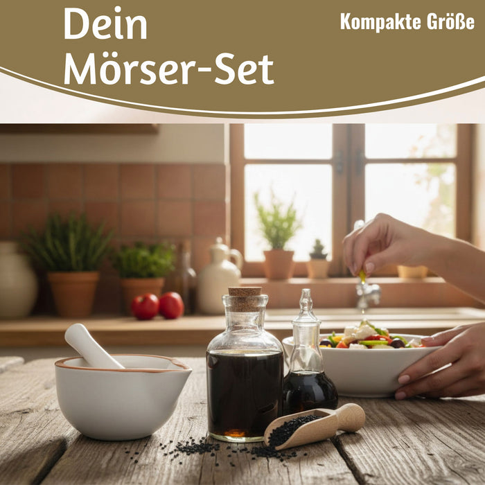 KI-generiertes Bild,Keramik Mörser Stößel Set Braun Weiß Ø 12cm kleiner Gewürzmörser Zerkleinerer
