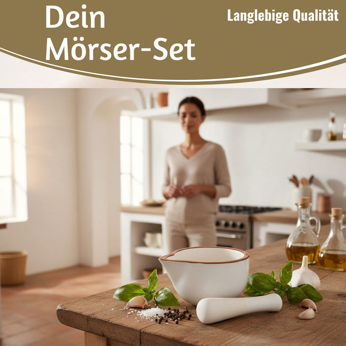 KI-generiertes Bild,Keramik Mörser Stößel Set Braun Weiß Ø 12cm kleiner Gewürzmörser Zerkleinerer