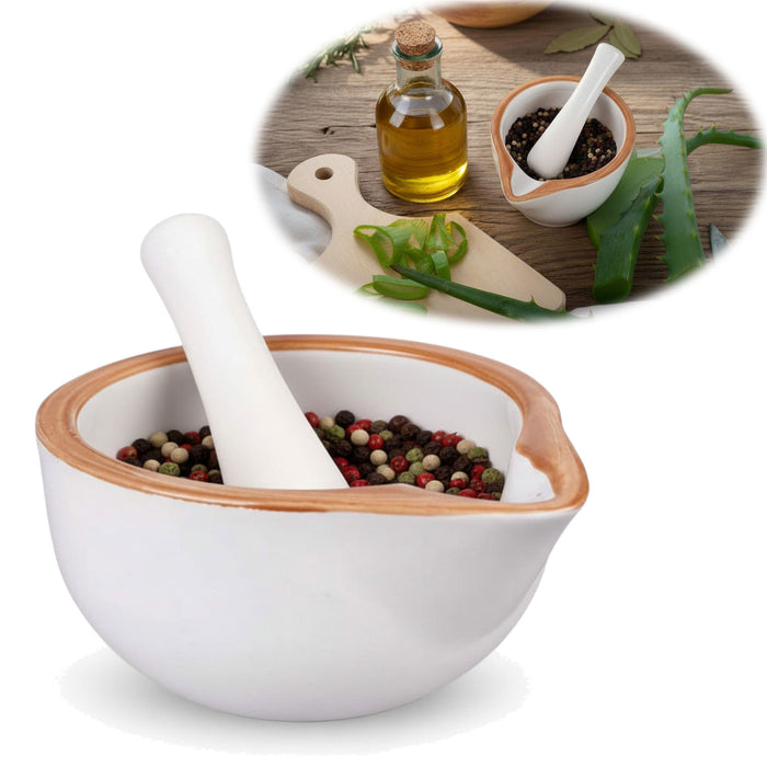 KI-generiertes Bild Keramik Mörser Stößel Set Braun Weiß Ø 12cm kleiner Gewürzmörser Zerkleinerer
