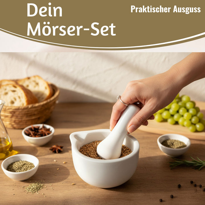 KI-generiertes Bild,Keramik Mörser Stößel Set Weiß Ø 12cm kleiner Gewürzmörser Zerkleinerer