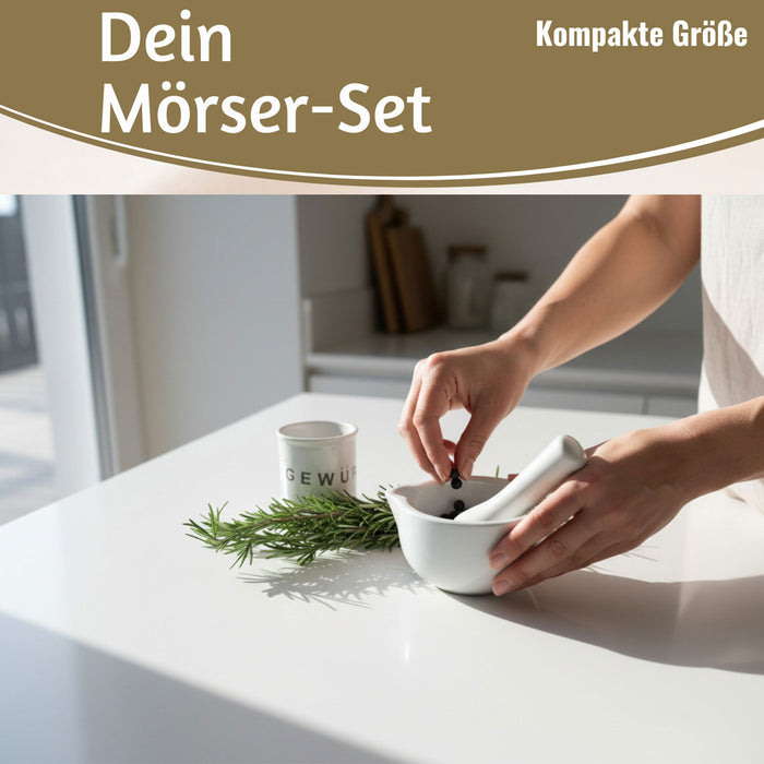 KI-generiertes Bild,Keramik Mörser Stößel Set Weiß Ø 12cm kleiner Gewürzmörser Zerkleinerer