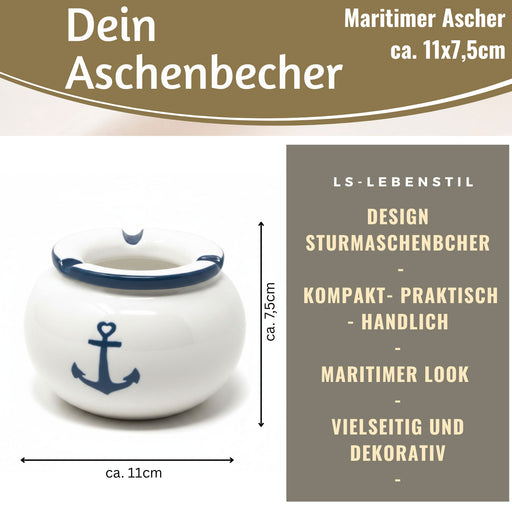 KI-generiertes Bild,Sturmaschenbecher Anker 10x7,5cm Maritim Weiß Blau Windaschenbecher Aschenbecher