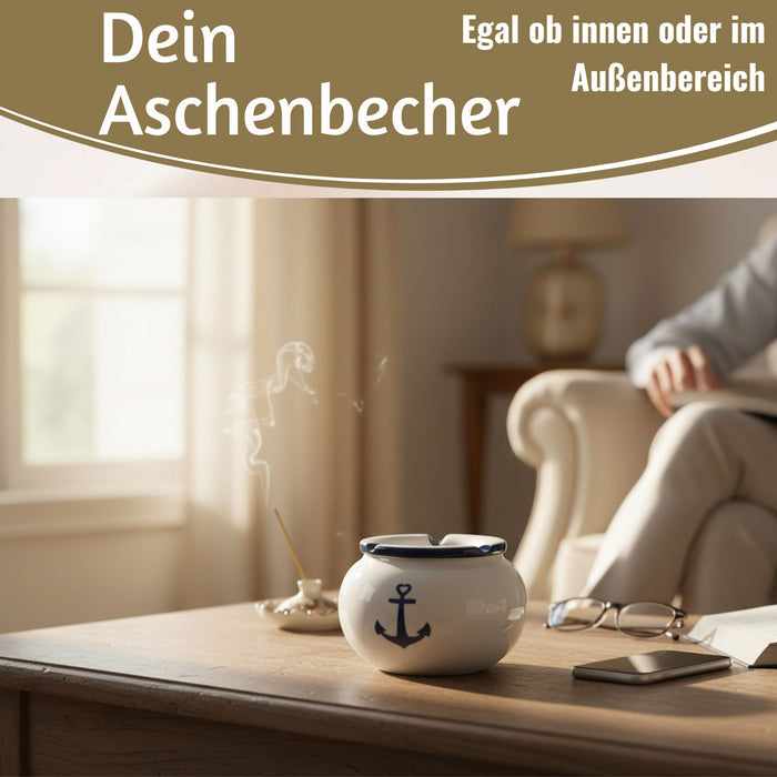 KI-generiertes Bild,Sturmaschenbecher Anker 10x7,5cm Maritim Weiß Blau Windaschenbecher Aschenbecher