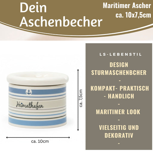 KI-generiertes Bild,Sturmaschenbecher Heimathafen 10x7,5cm Maritim Weiß Blau Windaschenbecher Aschenbecher