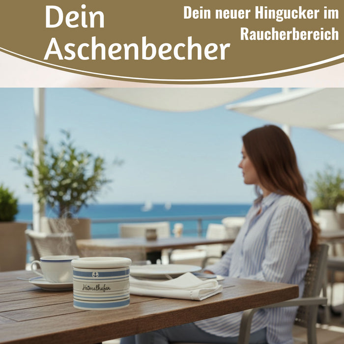 KI-generiertes Bild,Sturmaschenbecher Heimathafen 10x7,5cm Maritim Weiß Blau Windaschenbecher Aschenbecher