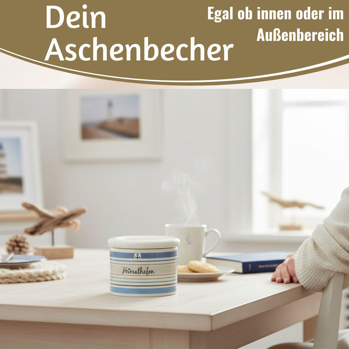 KI-generiertes Bild,Sturmaschenbecher Heimathafen 10x7,5cm Maritim Weiß Blau Windaschenbecher Aschenbecher