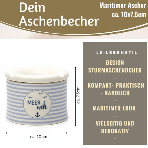 KI-generiertes Bild,Sturmaschenbecher Meer-Weh 10x7,5cm Maritim Weiß Blau Windaschenbecher Aschenbecher