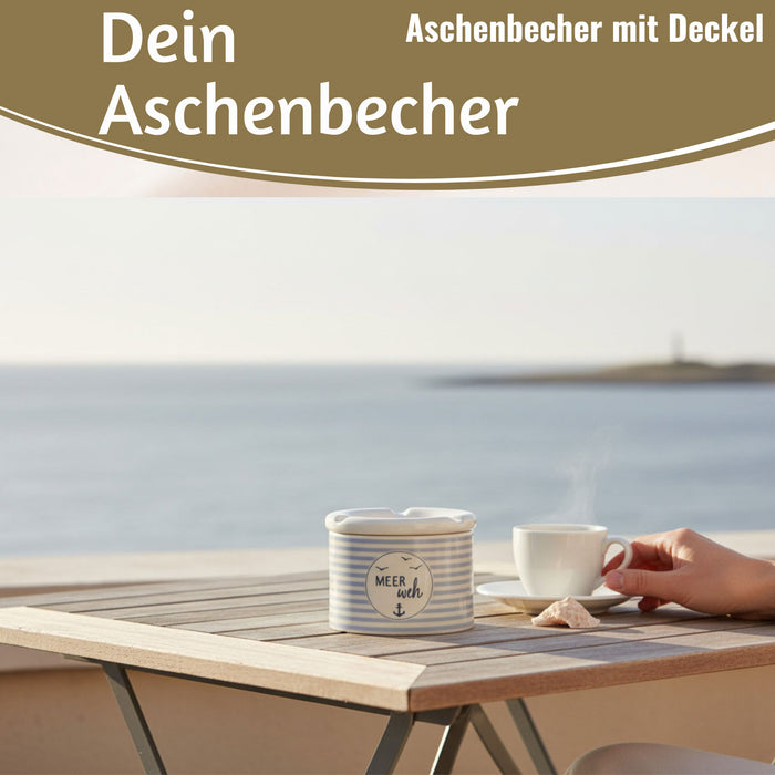 KI-generiertes Bild,Sturmaschenbecher Meer-Weh 10x7,5cm Maritim Weiß Blau Windaschenbecher Aschenbecher