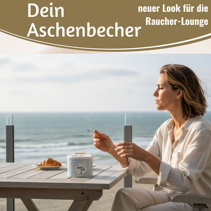 KI-generiertes Bild,Sturmaschenbecher Meer-Weh 10x7,5cm Maritim Weiß Blau Windaschenbecher Aschenbecher