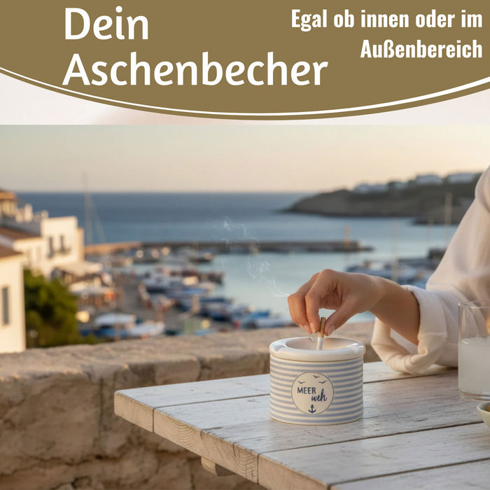 KI-generiertes Bild,Sturmaschenbecher Meer-Weh 10x7,5cm Maritim Weiß Blau Windaschenbecher Aschenbecher