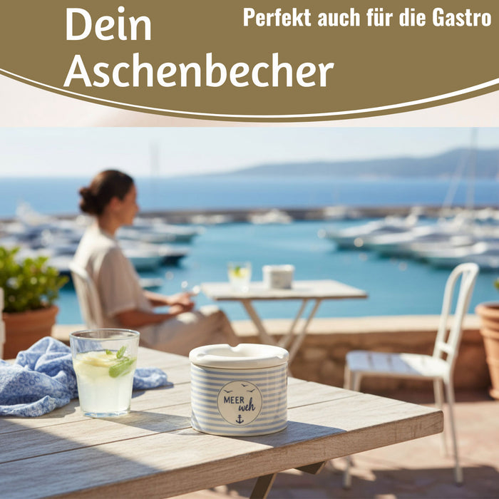 KI-generiertes Bild,Sturmaschenbecher Meer-Weh 10x7,5cm Maritim Weiß Blau Windaschenbecher Aschenbecher